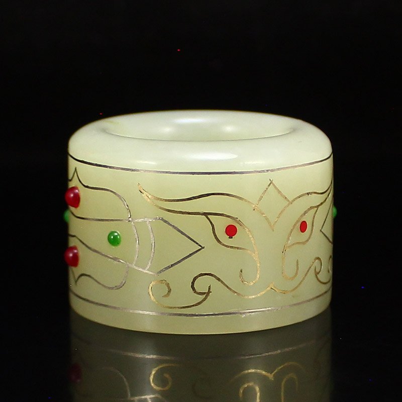 Chinese Hetian Jade Inlay Silver Wire Gemstone Ring (1 of 7)