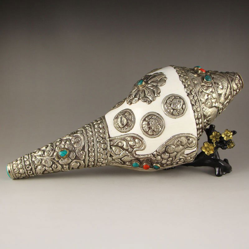 Tibet Buddhism Shell Inlay White Copper Pray Trumpet (1 of 7)