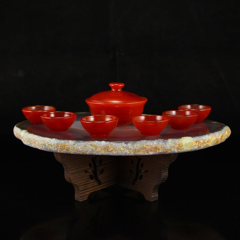 Chinese Red Agate Teabowl & Cup w Water Bile Agate Base (1 of 9)