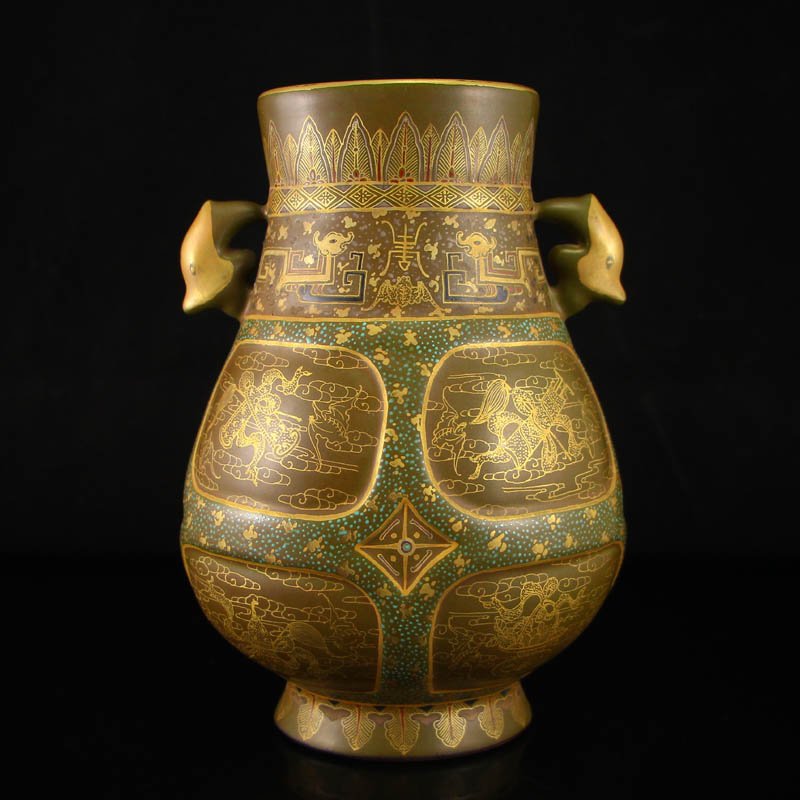 Superb Chinese Gilt Gold Tea Dust Glaze Porcelain Vase (1 of 7)