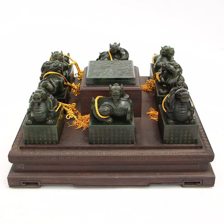 A Set Vintage Chinese Qing Dy Green Hetian Jade Seals (1 of 10)