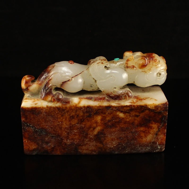Vintage Chinese Hetian Jade Inlay Gem Tiger Seal (1 of 6)