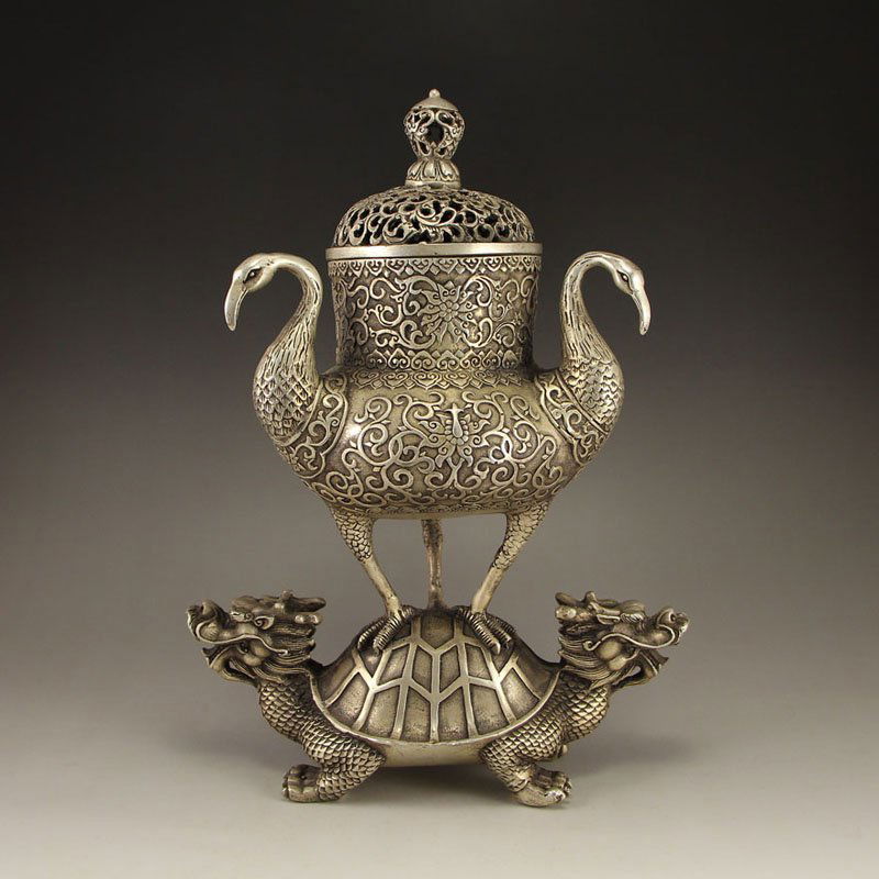 White Copper Incense Burner - Cranes & Dragon Turtle (1 of 10)
