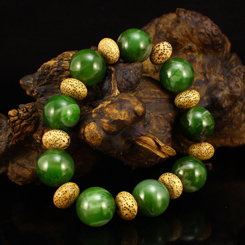 Chinese Green Hetian Jade & Bodhi Beads Bracelet (1 of 6)