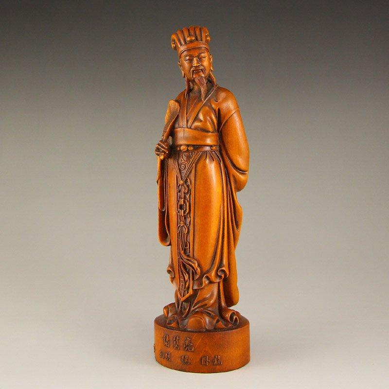 Vintage Chinese Boxwood Wood Sage Zhuge Liang Statue: Vintage Chinese Boxwood Wood Sage Zhuge Liang Statue Dimension: 200 x 57 x 50(mm) 7.87 x 2.24 x 1.97(inches) Weight 0.41 lbs/187 g