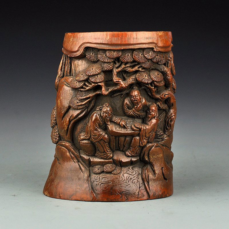 Vintage Chinese Bamboo Root Brush Pot w Sages Meeting (1 of 10)