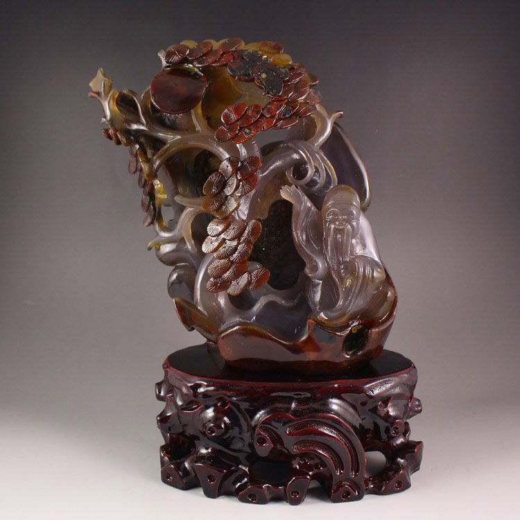Chinese Natural Agate Statue - Old Man & Pine Tree (1 of 7)