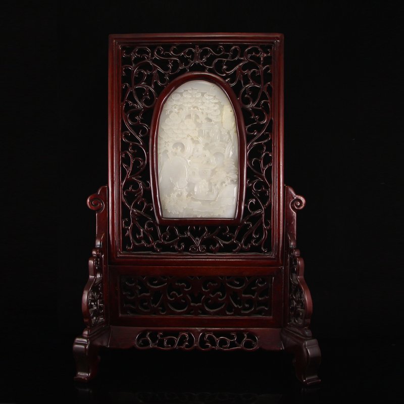 Chinese Qing Dy Zitan Wood Inlay Hetian Jade Screen (1 of 7)