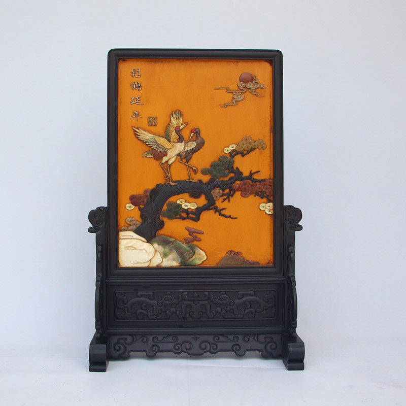 Chinese Qing Dy Zitan Wood Shells Jades Screen w Cranes (1 of 10)