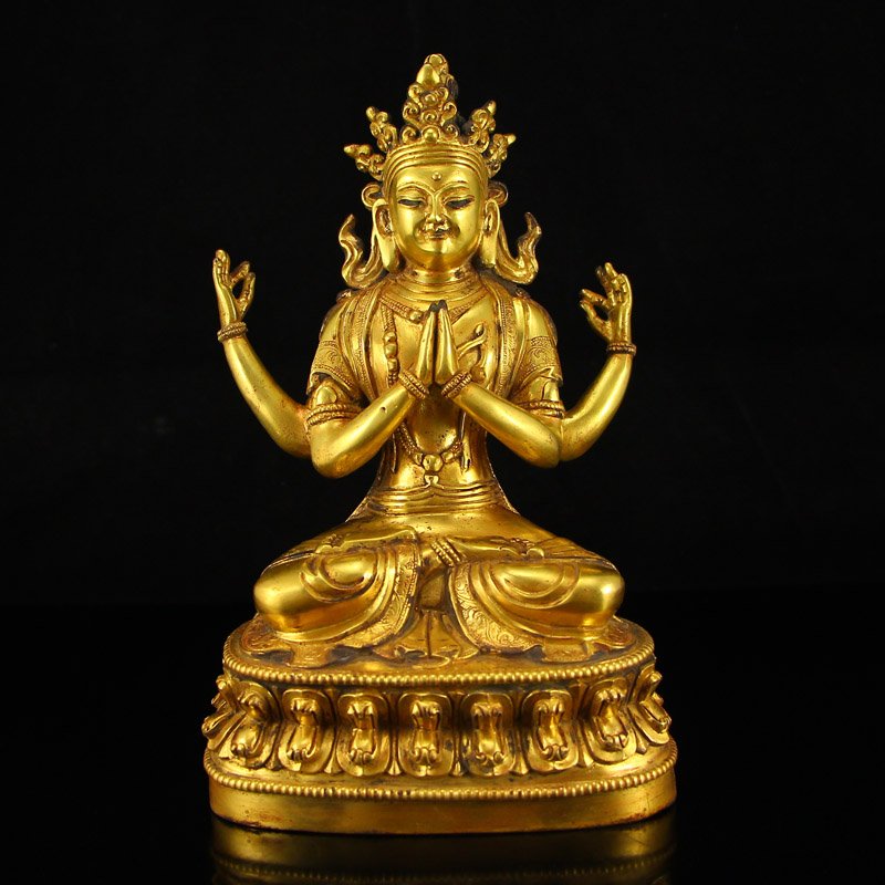 Chinese Gilt Gold Bronze Four Arms Kwan-yin Statue (1 of 9)