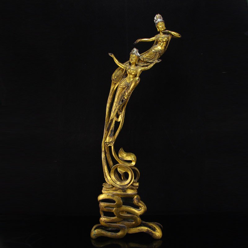 Chinese Gilt Gold Bronze Feitian Female Deity Statue (1 of 9)