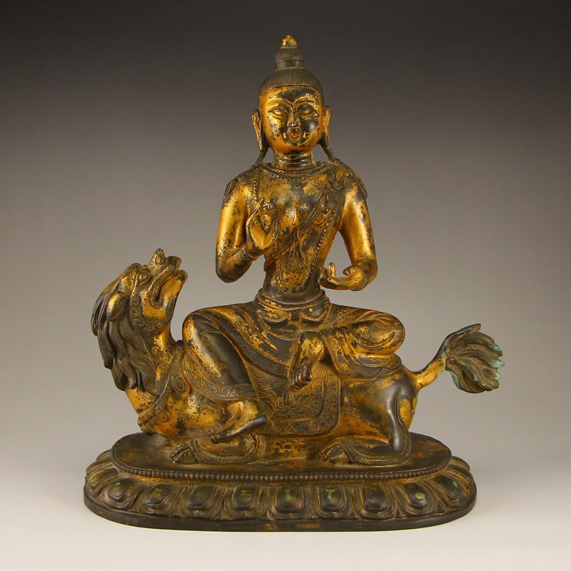 Chinese Gilt Gold Red Copper Statue - Manjusri & Lion (1 of 9)