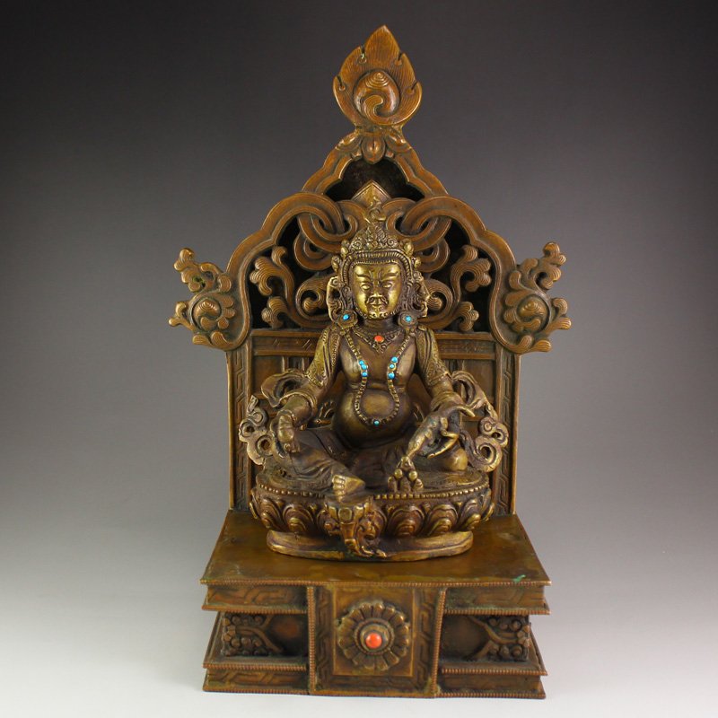 Tibet Brass Inlay Turquoise Yellow Jambhala Statue (1 of 8)