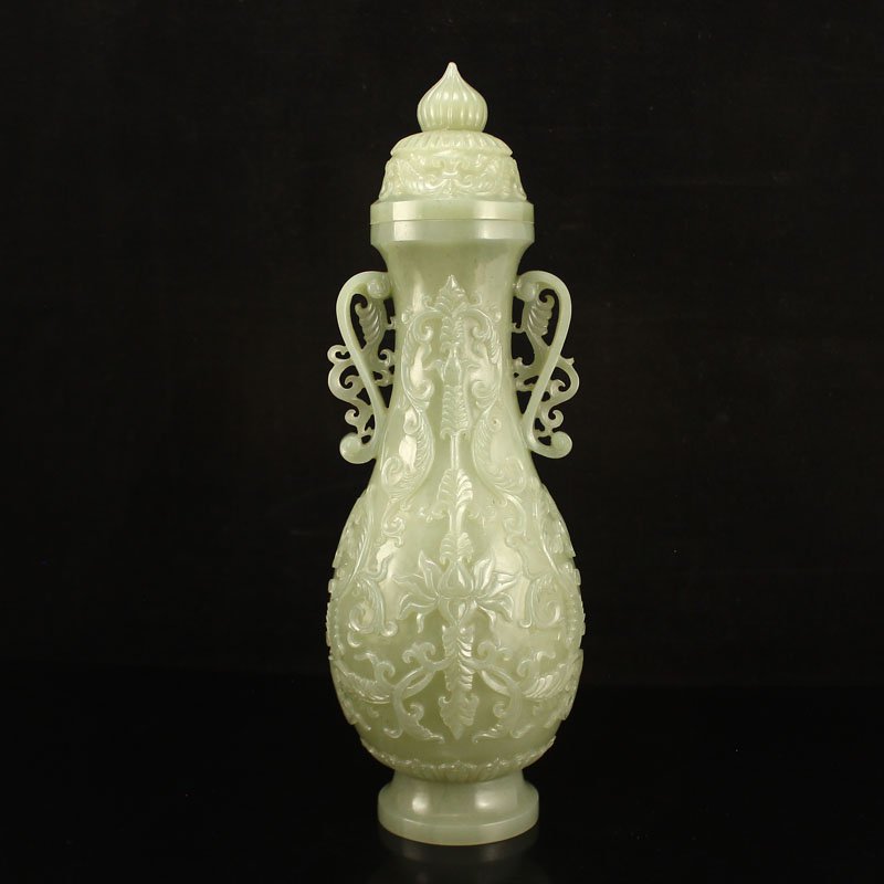 Superb Chinese Hetian Jade Low Relief Double Ears Vase (1 of 7)