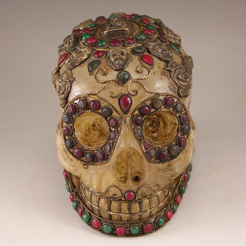 Vintage Chinese Crystal Inlay Silver & Gem Skull Statue (1 of 10)