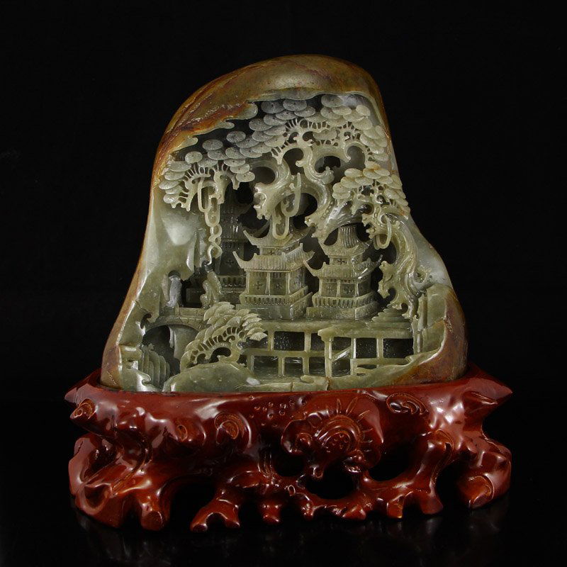 Vintage Chinese Hetian Jade Statue - Sage & Pine Tree (1 of 7)