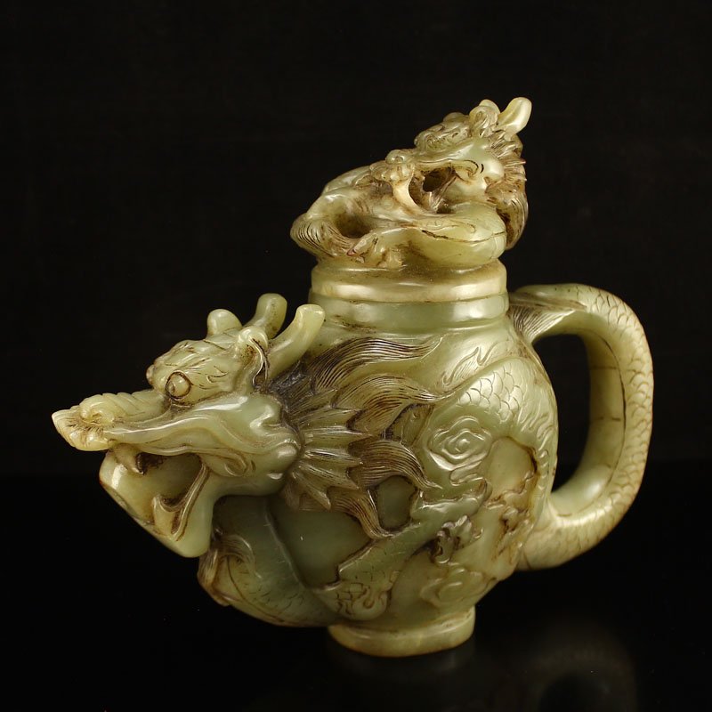 Vintage Chinese Hetian Jade Dragons Heads Teapot (1 of 7)