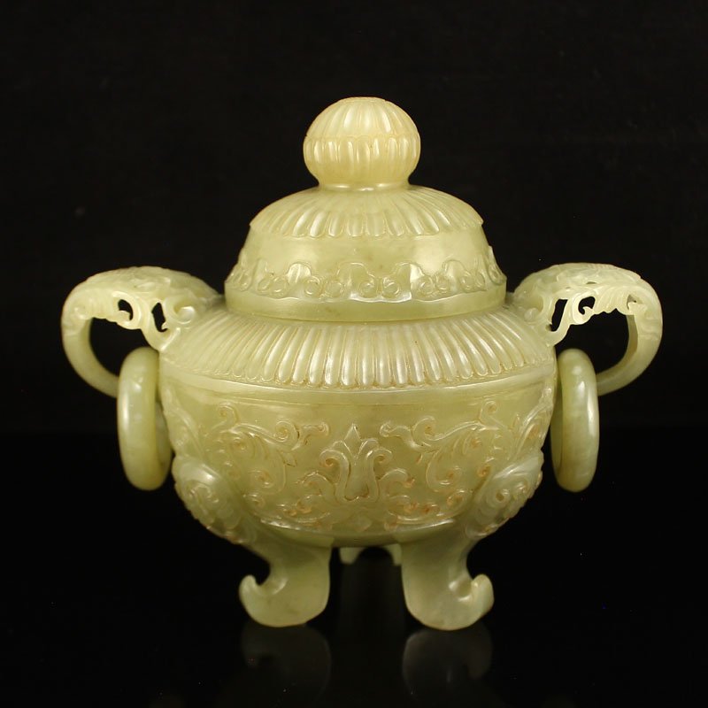 Chinese Hetian Jade Double Rings 3 Legs Incense Burner (1 of 8)