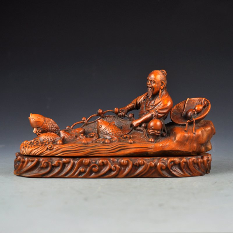 Vintage China Boxwood Wood Statue - Fisherman & Fishes: Vintage Chinese Boxwood Wood Statue - Fisherman & Fishes Dimension: 230x80x130(mm)9.06x3.15x5.12(inches) Weight 1.43 lbs/650 g