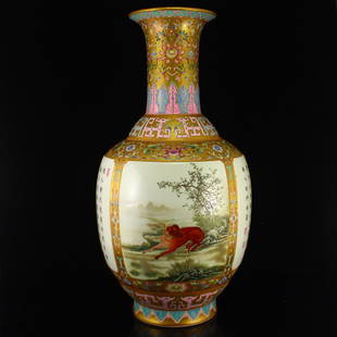 Chinese Qing Dynasty Gilt Gold Enamels Porcelain Vase: 中國清代 精美鎏金 琺琅彩 名犬詩文 瓷器大花瓶 Superb Chinese Qing Dynasty Gilt