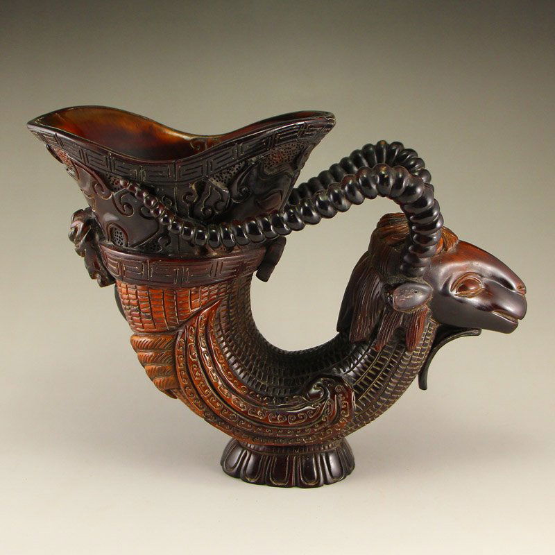 Chinese Qing Dynasty Ox Horn Sheep Head Sacrificed Cup (1 of 7)