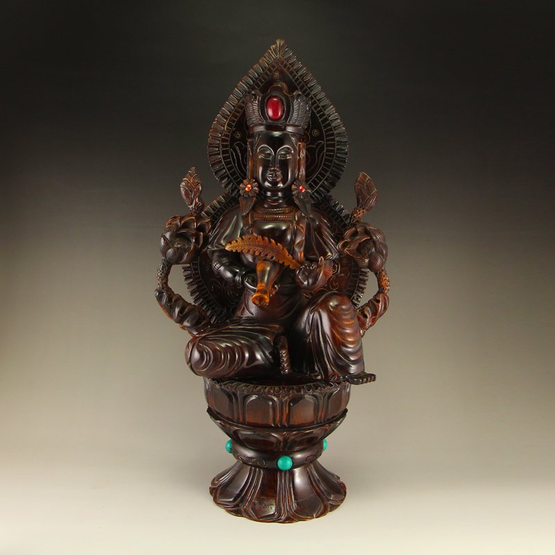 Chinese Qing Dy Ox Horn Inlay Corals Kwan-yin Statue (1 of 8)