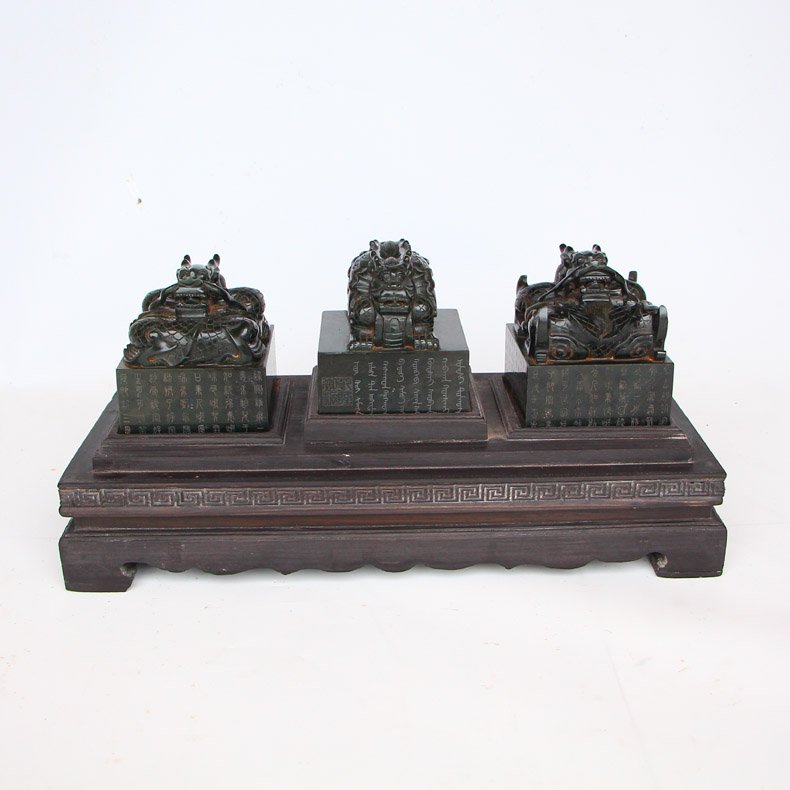 A Set China Green Hetian Jade Lucky Three Dragon Seals (1 of 10)