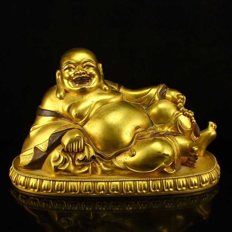 Chinese Gilt Gold Red Copper Laughing Buddha Statue (1 of 9)