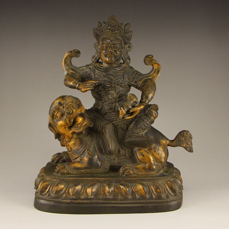 Chinese Ming Dynasty Gilt Gold Bronze Jambhala Statue: 中國明代 鎏金青銅 黃財神擺件 Chinese Ming Dynasty Gilt Gold Bronze Jambhala Statue Dimension: 220x170x90(mm)8.66x6.69x3.54