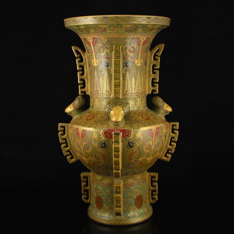 Chinese Qing Dy Gilt Gold Tea Dust Glaze Porcelain Vase (1 of 9)