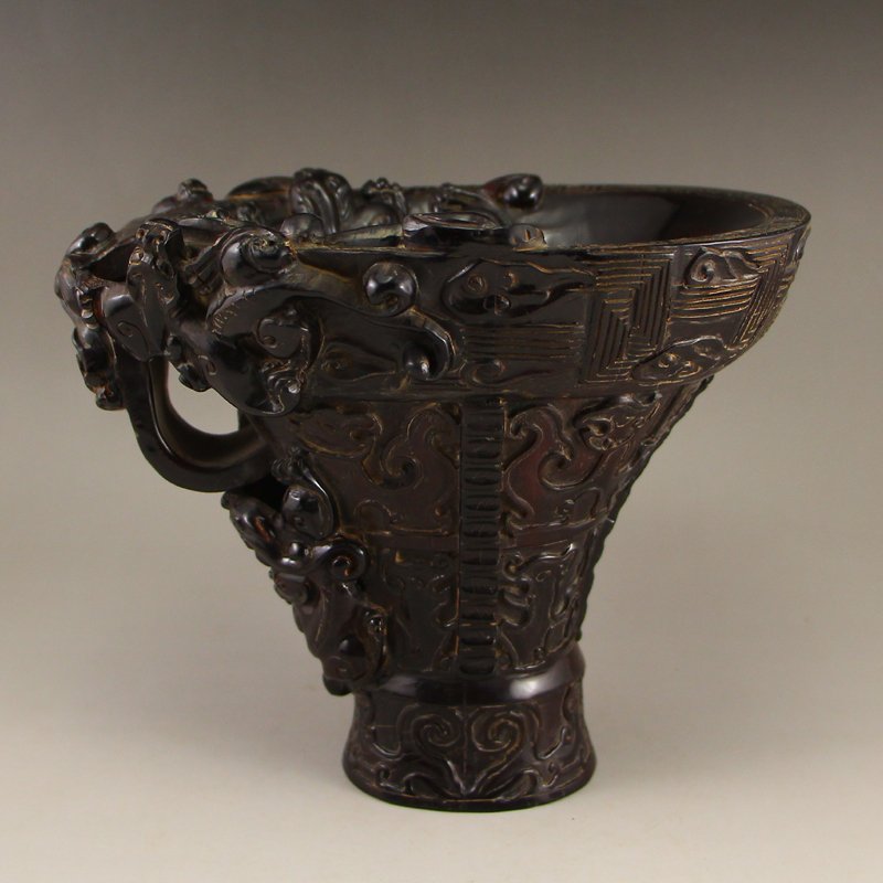 Chinese Qing Dynasty Ox Horn Chi Dragon Sacrificed Cup (1 of 9)