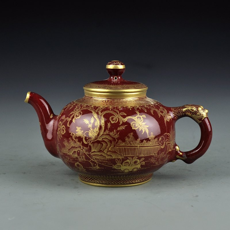 Chinese Qing Dy Gilt Gold Red Glaze Porcelain Teapot (1 of 10)