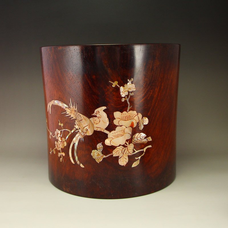Chinese Qing Dynasty Zitan Wood Inlay Shells Brush Pot (1 of 8)