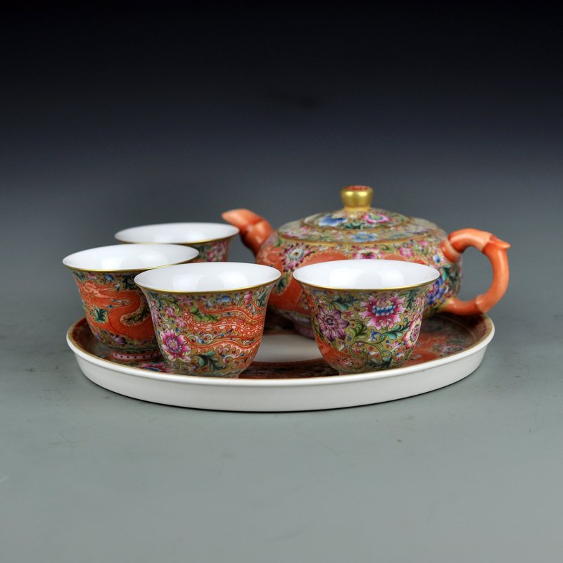 Gilt Gold Famille Rose Porcelain Teapot,Cups & Plate (1 of 10)