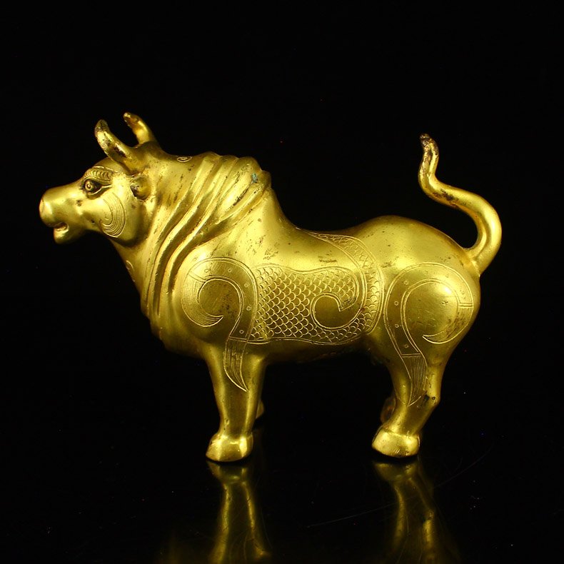 Chinese Tang Dy Gilt Gold Bronze Fortune Ox Statue (1 of 6)
