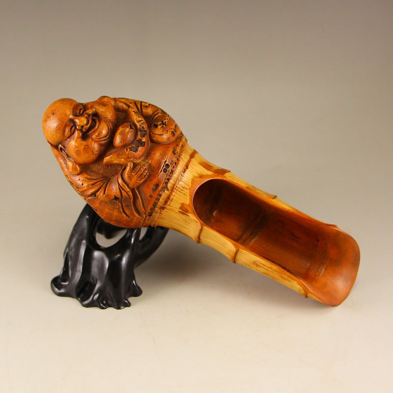 Chinese Bamboo Root Tea-leaves Shovel w Laughing Buddha (1 of 8)