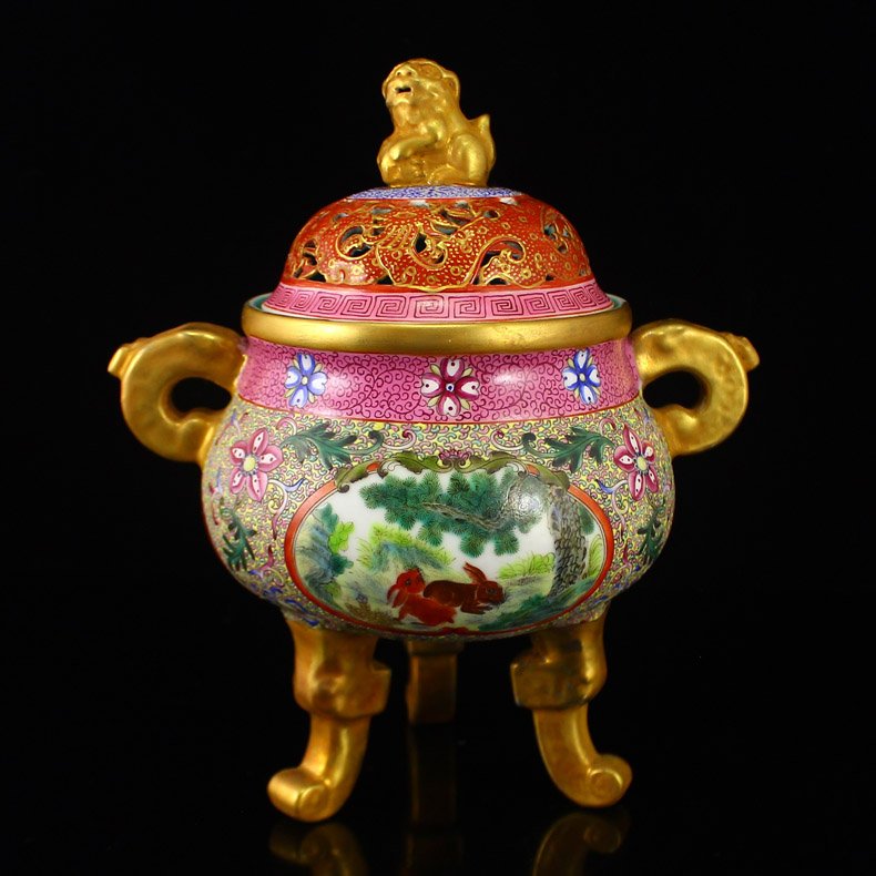 China Gilt Gold Famille Rose Porcelain Incense Burner (1 of 6)