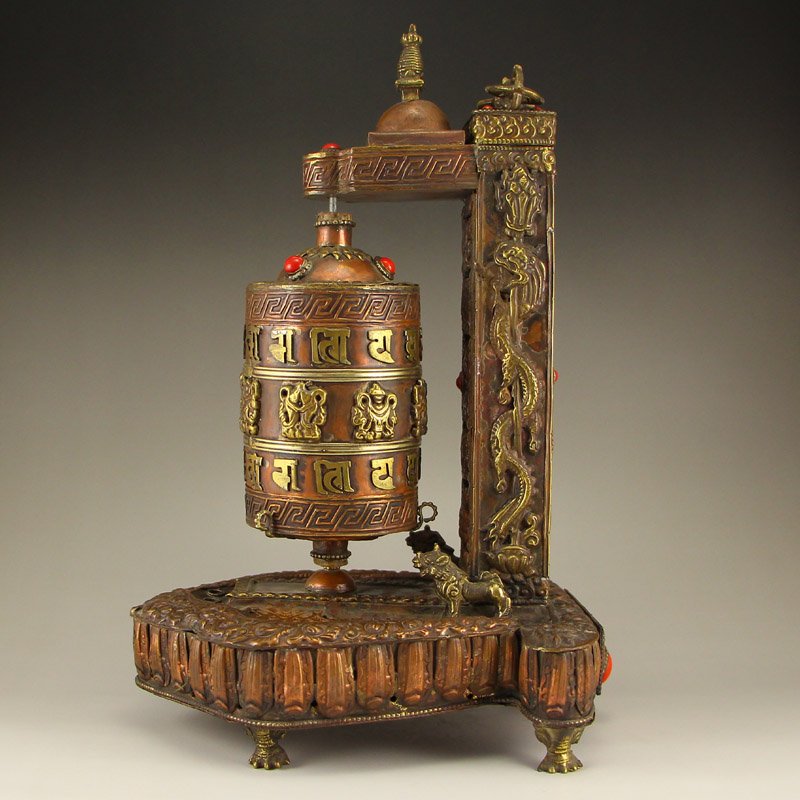 Tibet Buddhist Red Copper Gilt Gold Prayer Wheel (1 of 10)