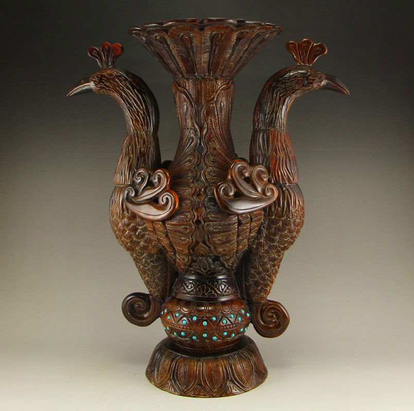 Vintage Chinese Ox Horn Double Ear Phoenix Candlestick (1 of 9)