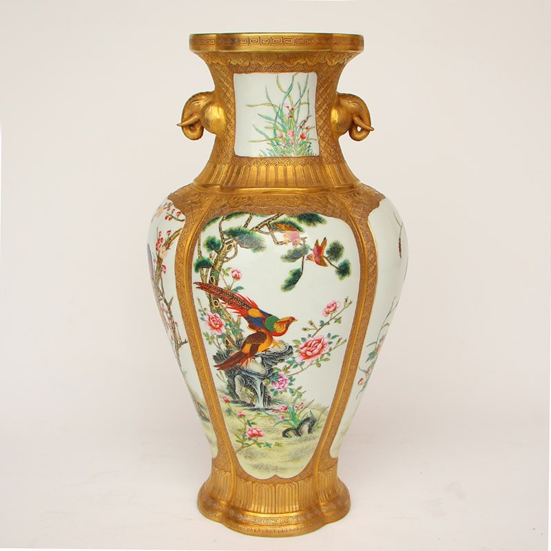 Gilt Gold Famille Rose Elephant Ears Porcelain Vase (1 of 10)