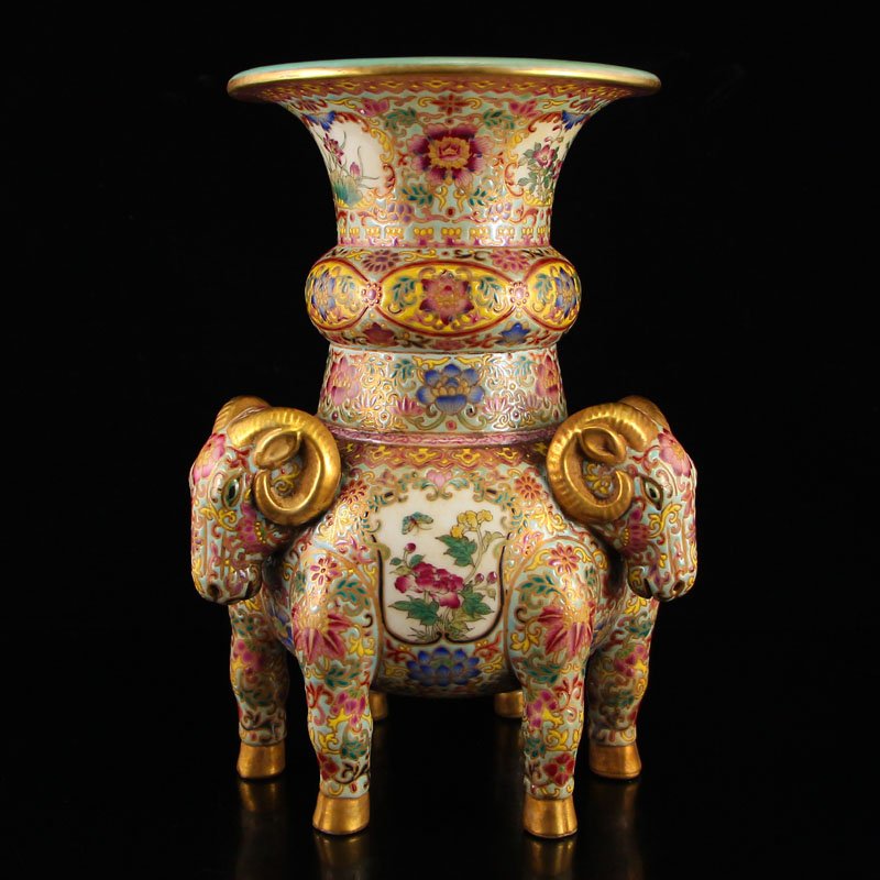 China Gilt Gold Famille Rose Sheep Heads Porcelain Vase (1 of 7)