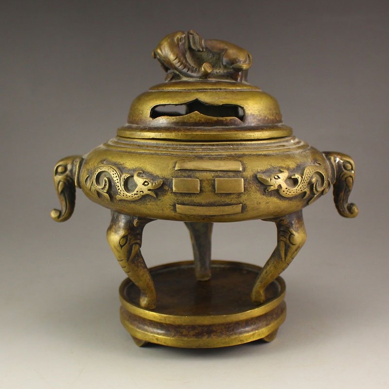 Chinese Brass Double Ears 3 Legs Incense Burner (1 of 9)