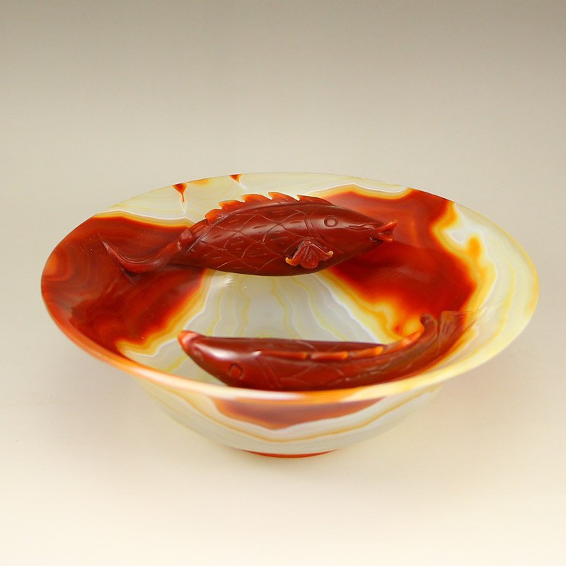 Beautiful Color Chinese Natural Red Agate Bowl w Carps (1 of 8)