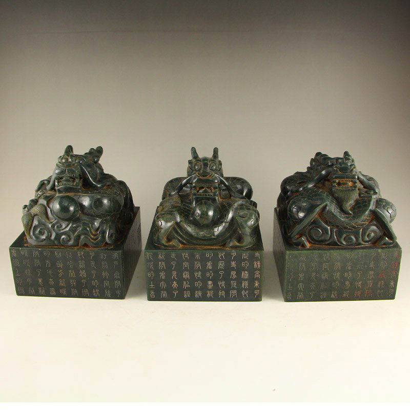 A Set Vintage Chinese Qing Dy Green Hetian Jade Seals (1 of 10)