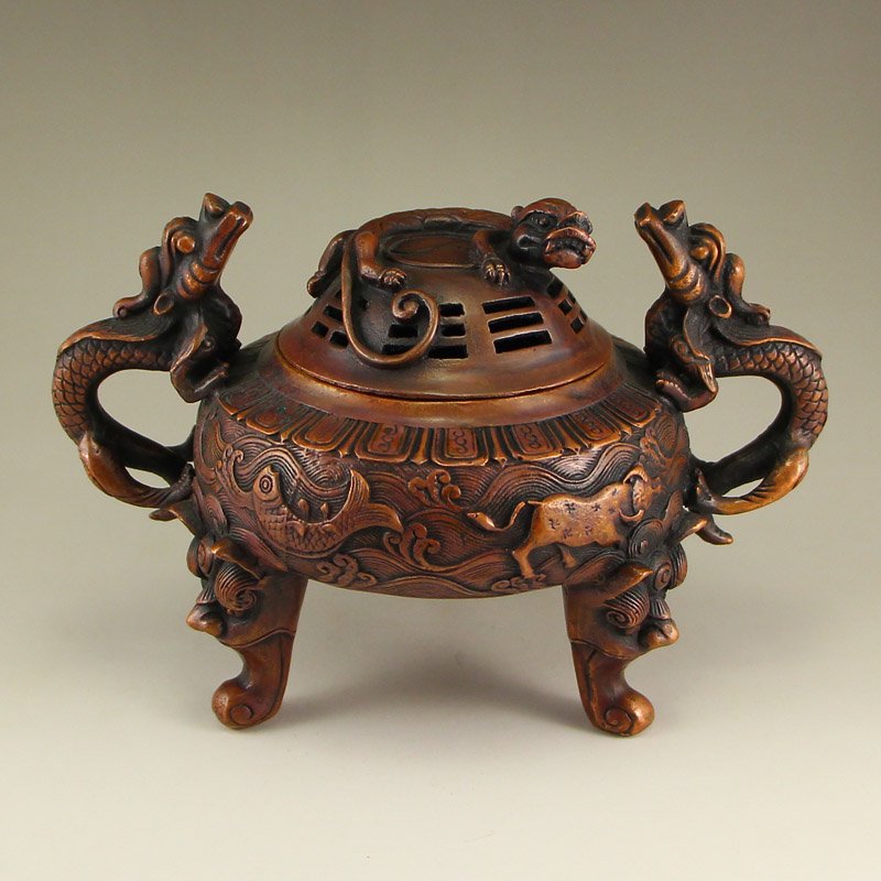 China Ming Dy Red Copper Double Dragon Incense Burner: Chinese Ming Dynasty Red Copper Double Dragon Incense Burner Dimension:188x123x114(mm)7.40x4.84x4.48(inches) Weight:2.26 lbs/1023 g