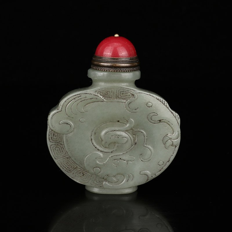Vintage Hetian Jade Snuff Bottle w Redstone Jade Lid (1 of 7)