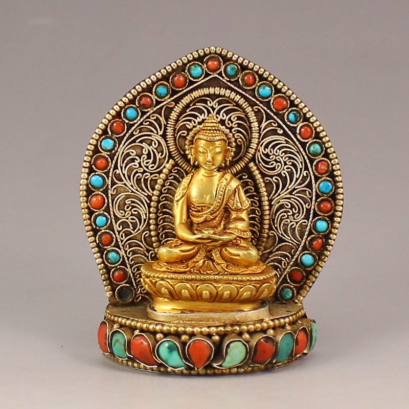 Gilt Gold Silver Inlay Turquoise Coral Buddha Statue (1 of 6)