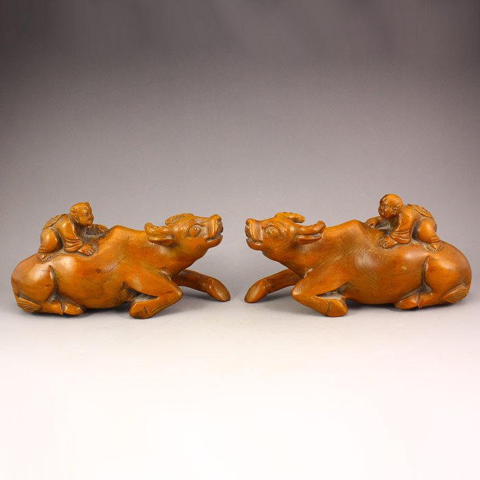 A Pair Chinese Boxwood Wood Statues - Fortune Kid & Ox (1 of 9)