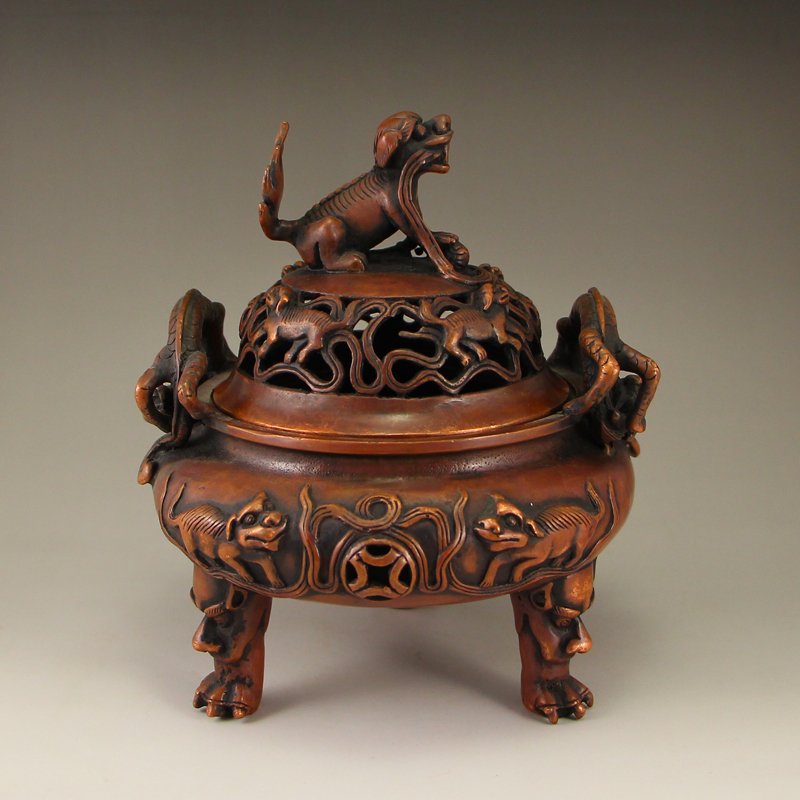 Openwork Chinese Red Copper 3 Legs Incense Burner (1 of 7)