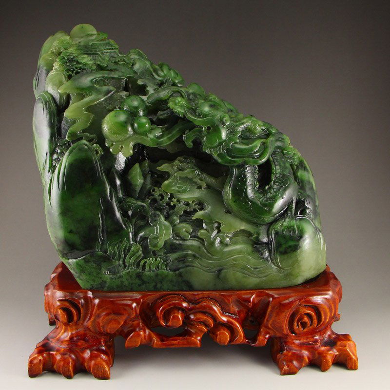 Chinese Green Hetian Jade Fortune Dragon Statue (1 of 7)